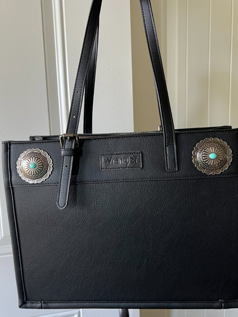 Wrangler Western Concho Turquoise Stone Black Faux Leather Tote Shoulder Handbag